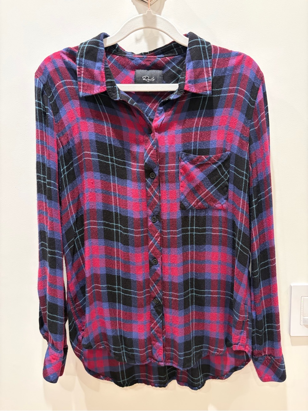 Rails Plaid Button-Front Long Sleeve Shirt - Pink & Black